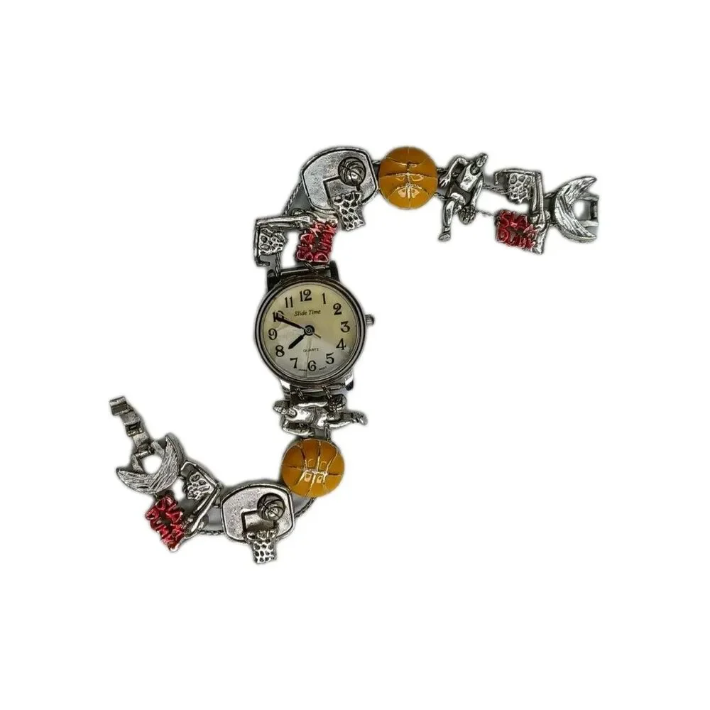 Slide Time Basketball Watch Women Charm Bracelet Mother of Pearl 7 1/4